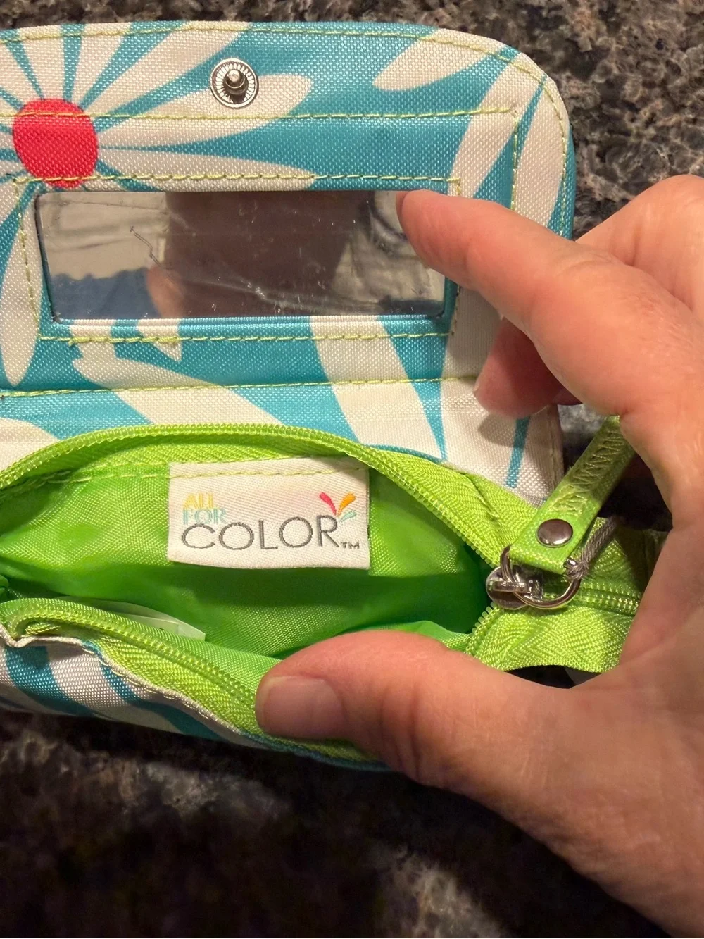 All For Color Turquoise Floral Lipstick Zippered Pouch with  Mirror.  Retired.